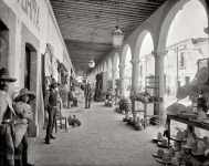 Aguascalientes, Mexico, circa 1890s. Portales of the market of San Marcos